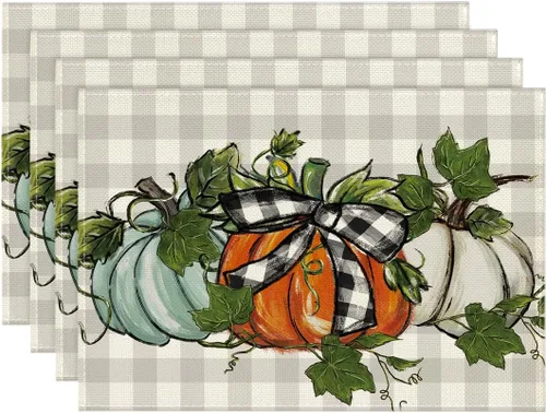 Miniatura 22 de Artoid Mode - Set de 2 manteles individuales de cuadros de búfalo con calabazas y hojas de eucalipto, manteles otoñales de 12x18 pulgadas para Azul