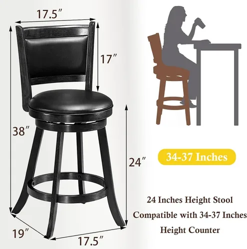 Miniatura 3 de ERGOMASTER Taburetes de bar giratorios de 24 pulgadas con respaldo, madera de caucho, negro, juego de 2