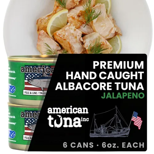 Miniatura 14 de American Tuna Pescado de atún blanco silvestre capturado en poste de grado sushi, sin sal añadida, (12) latas de 3.5 onzas Cosechado