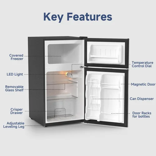Miniatura 8 de BANGSON Mini refrigerador de 3.2 pies cúbicos con congelador, refrigerador pequeño de oficina de 2 puertas, refrigerador compacto silencioso