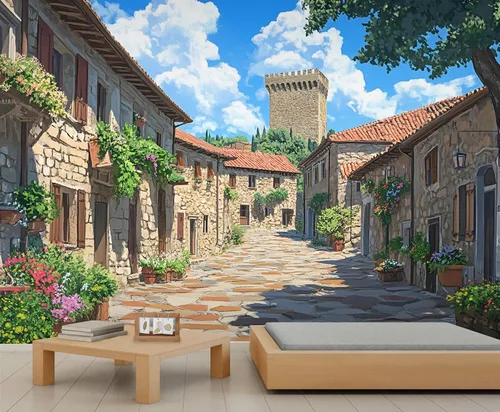 Miniatura 35 de Papel tapiz 3D de bicicleta rosa vintage, murales de flores de paisaje de primavera para sala de estar, pintura al óleo, papel tapiz rústico