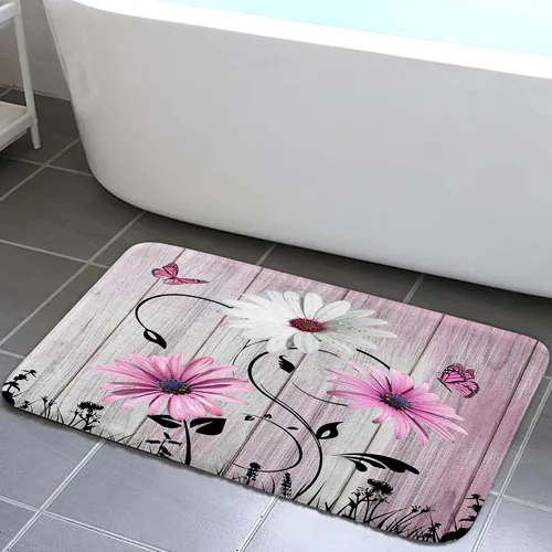Miniatura 13 de Alfombra de baño rústica blanca floral, flores y mariposas en tabla de madera vieja, antideslizante, juego de alfombras de baño vintage