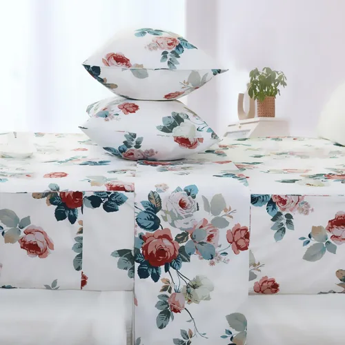 Miniatura 25 de FADFAY Juego de sábanas tamaño King, 100% algodón, elegante ropa de cama de granja con hojas verdes menta y flores blancas, sábana suave