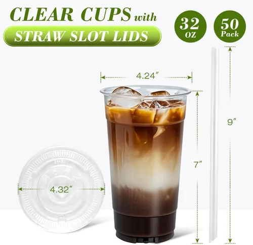 Miniatura 2 de Ginkgo Vasos de plástico transparente de 32 onzas con tapas y pajitas jumbo, desechables para llevar, tazas de café helado para batidos, té