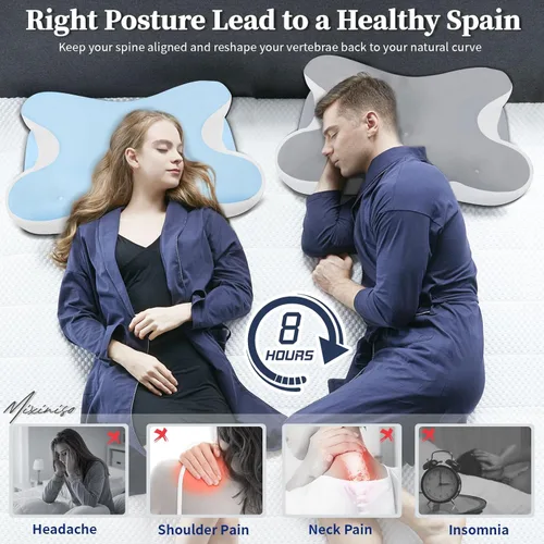 Miniatura 4 de Almohada de espuma viscoelástica cervical para alivio del dolor de cuello - Almohada ergonómica con contorno para dormir de lado, espalda y Azul