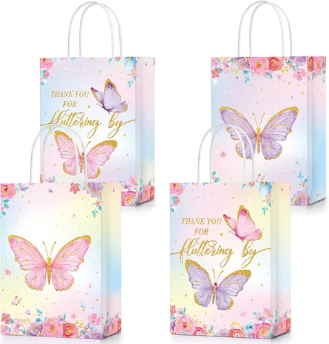 TaoBary 24 bolsas de papel con asas para regalo de fiesta de mariposas, regalos de fiesta de cumpleaños, baby shower (estilo acuarela)