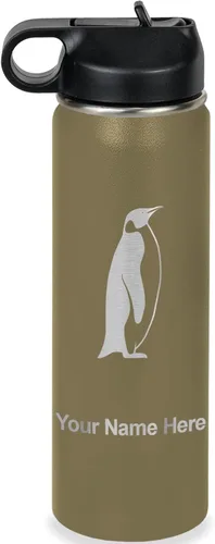 Miniatura 44 de LaserGram Botella de agua personalizada, pingüino, acero inoxidable de doble pared aislada al vacío con popote superior, regalo grabado