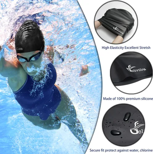 Miniatura 2 de Paquete de 4 gorros de natación de silicona extra grandes para trenzas y rastas, negro, para mujeres y hombres, pelo largo, para piscina, impermeable