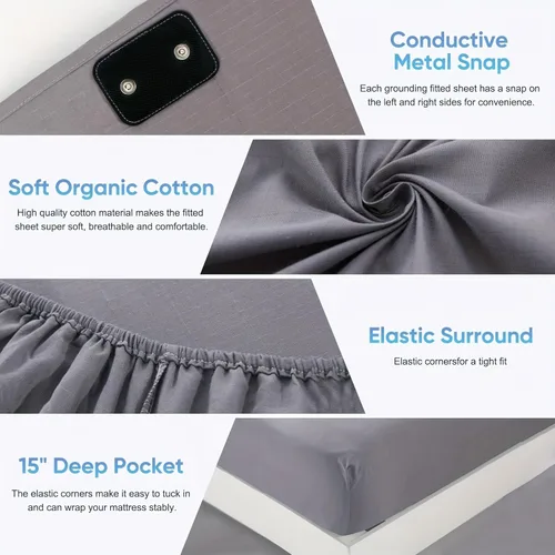 Miniatura 10 de Grounding Sheets, 95% algodón orgánico + 5% fibra plateada, sábana bajera ajustable conectada a tierra con cordón de conexión a tierra