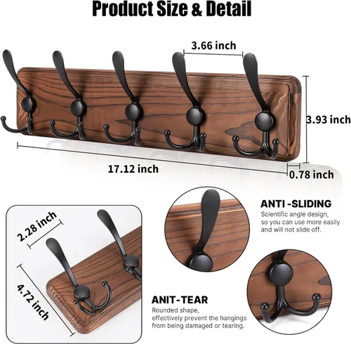 Miniatura 2 de Gohiuo Perchero Rústico para Montaje en Pared, Ganchos de Pared de Madera con 5 Ganchos Triples, Perchero de Madera Resistente para Colgar
