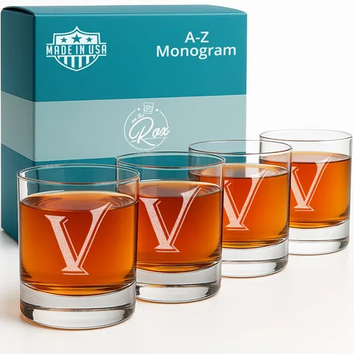 Miniatura 24 de On The Rox Drinks Juego de 4 vasos de vidrio grabados con monograma B, 11 onzas