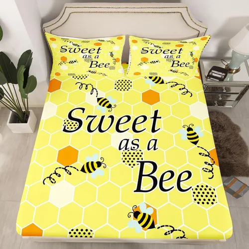 Miniatura 10 de Juego de ropa de cama de nido de abeja, sábana bajera ajustable de abeja para niños y niñas, diseño geométrico de vida silvestre voladora, juego
