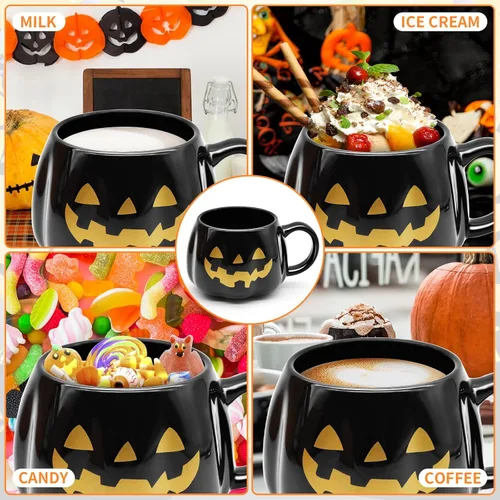 Miniatura 5 de Taza de calabaza negra de Halloween de 12 onzas, taza de café de cerámica Jack O'Lantern con cara dorada, regalos espeluznantes y lindos