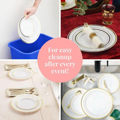 Miniatura 6 de Prestee Juego de platos desechables de 50 piezas, color blanco con borde dorado para fiestas, vacaciones, bodas, incluye 25 platos llanos y 25