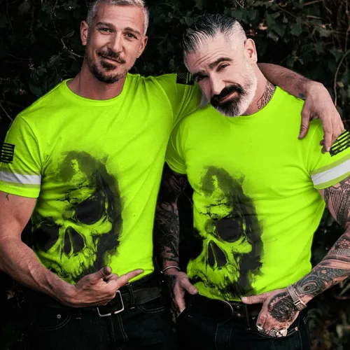 Miniatura 6 de Camisa de Alta Visibilidad con Cráneo para Hombre, Camisas Reflectantes de Seguridad con Bandera de EE. UU., Nombre Personalizado para Ropa