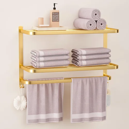 Miniatura 7 de Toalleros Negros de 15 Pulgadas para Baño con Barras Dobles para Toallas, Soporte de Montaje en Pared de Lavabo con Ganchos, Estante de Baño
