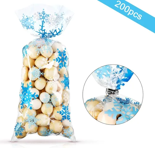 Miniatura 3 de Blulu 200 bolsas de regalo de celofán con copos de nieve de invierno, bolsas de plástico con lazos giratorios para Navidad, país de las maravillas