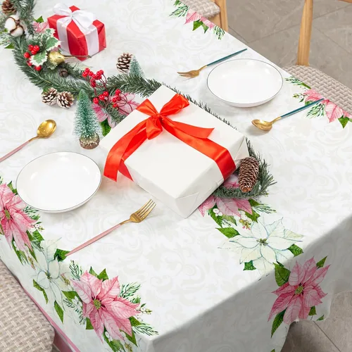 Miniatura 3 de Mantel navideño rectangular de 60 x 104 pulgadas, diseño de flor de pascua rosa con acuarela