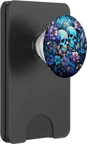Miniatura 7 de PopSockets de arte floral púrpura con diseño de calavera de esqueleto de flores silvestres verde azulado y azul