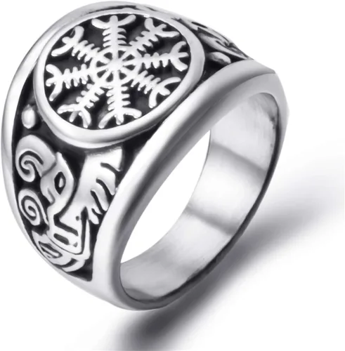 ELFASIO Anillos de acero inoxidable para hombre, vikingo, valknut vegvisir, brújula pirata, símbolo nórdico, joyería vintage, talla 8-13, Metal