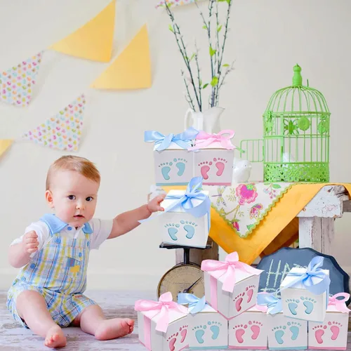 Miniatura 5 de 50 cajas de recuerdo de fiesta de baby shower, 2.4 x 2.4 pulgadas, pequeñas cajas de regalo de dulces, diseño de huellas para niños, cumpleaños, Azul