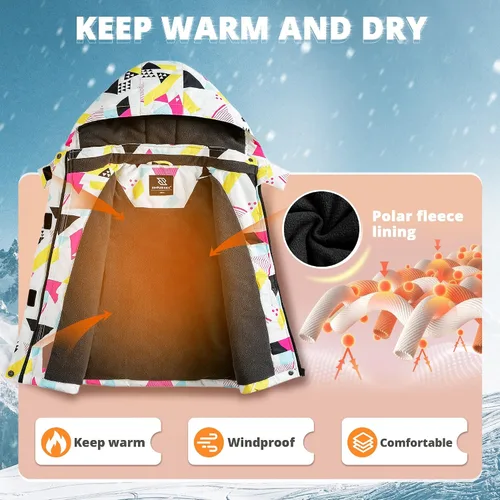 Miniatura 3 de Simplee Kids Chaqueta de esquí impermeable para niñas, abrigo de invierno colorido con capucha
