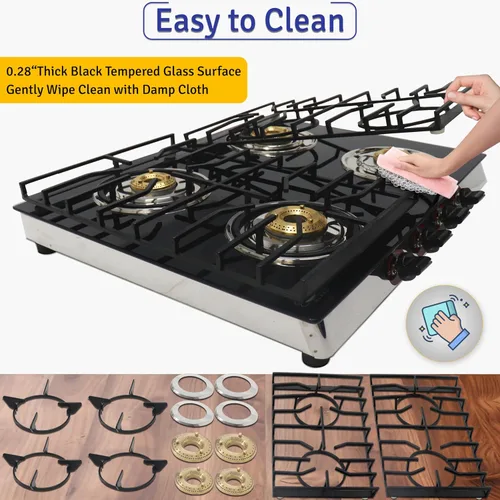 Miniatura 4 de Estufa de gas de 4 quemadores – Estufa de encimera de vidrio templado negro de 25 pulgadas, estufa de gas inoxidable, 4 quemadores, estufa de rv