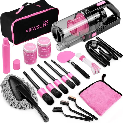 Miniatura 2 de Kit de limpieza de automóvil de 37 piezas, kit de detalles interiores de automóvil rosa con aspiradora de mano de alta potencia, juego de cepillos