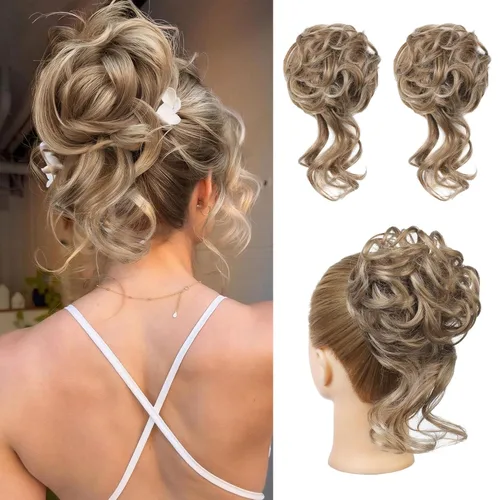 Miniatura 31 de HOOJIH 2 piezas de moño despeinado, recogido despeinado con mechones, extensiones de moño de cabello ondulado rizado, envoltorio de cabello, cola