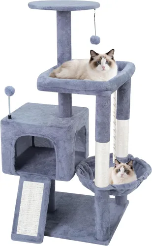 Miniatura 8 de TWDEPART Torre de árbol para gatos todo en uno de 37.5 pulgadas con tabla de rascar y postes, acogedora hamaca para dormir y pelotas de juguete