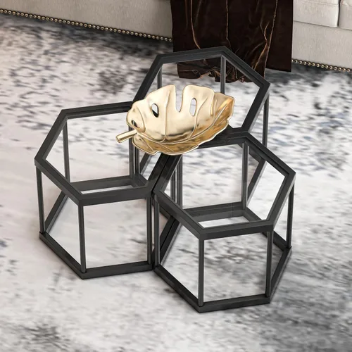 Miniatura 11 de Mesa auxiliar modular hexagonal, marco chapado en oro, parte superior de vidrio templado, mesa auxiliar geométrica, mesa anidable multiusos