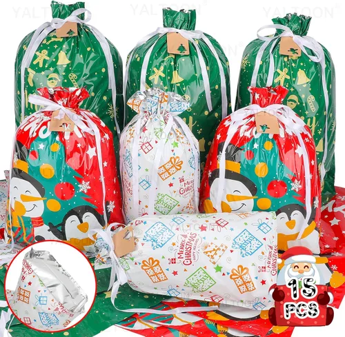 YALTOON Bolsas de regalo de Navidad grandes, paquete de 15 bolsas de Navidad con cordón para regalos, bolsas de regalo de Navidad en tamaños