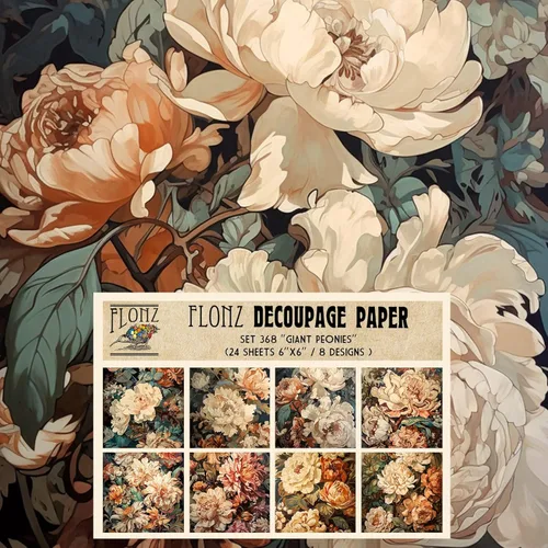 Paquete de papel para decoupage (24 hojas 15x15 cm) Peonías gigantes # Papel de patrón estilo vintage para decoupage, manualidades y álbumes de tres