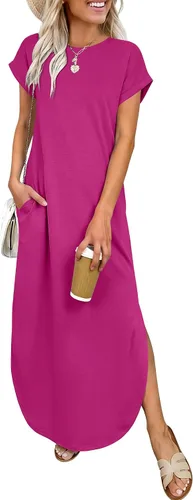 Miniatura 20 de ANRABESS Vestido largo de verano para mujer, casual, manga corta, suelto, dividido, sin arrugas, playa, vacaciones, vestido largo con bolsillos