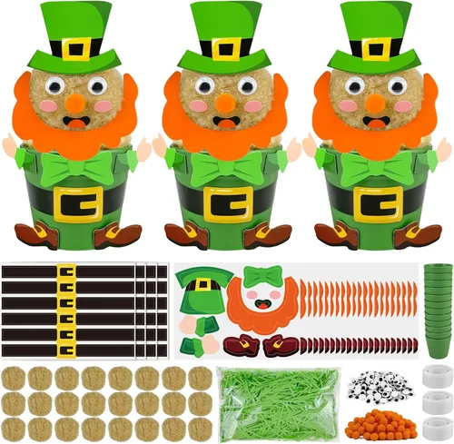 Cinrobiye Juego de 24 kits de manualidades del día de San Patricio, kit de fabricación de macetas de duende para hacer macetas decorativas de duende