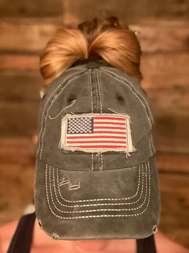 Miniatura 6 de Sombrero de cola de caballo desgastado para mujer, diseño de bandera americana, gorra de cola de caballo alta