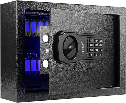 Caja fuerte de pared para armario de 25 llaves con luz de sensor y fuente de alimentación externa de emergencia, caja fuerte para llave electrónica,