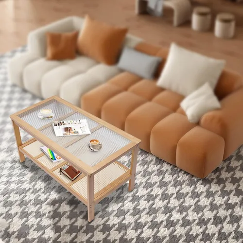 Miniatura 2 de Mesa auxiliar rectangular de 2 niveles de mediados de siglo con parte superior de cristal y estante de almacenamiento rústico, soporte de TV