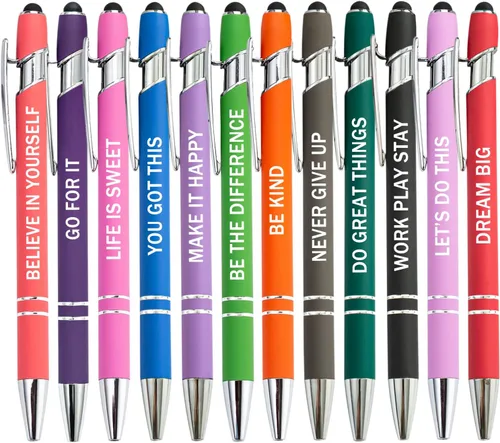 Miniatura 5 de PASISIBICK 12 piezas de bolígrafos de tinta negra con citas motivadoras e inspiradoras, punta estilo lápiz táctil para pantalla, escrituras 12