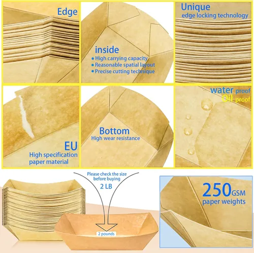 Miniatura 3 de Paquete de 80 bandejas de papel desechables de 2 libras para botes de papel, bandeja de servir comida kraft, platos para aperitivos, palomitas