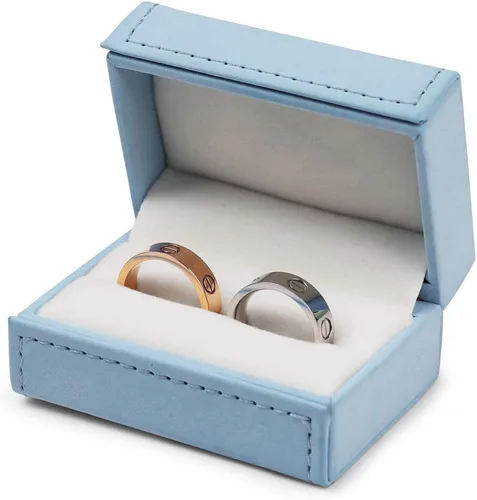 Miniatura 3 de Oirlv Caja de anillos dobles de cuero azul para boda, propuesta, compromiso.