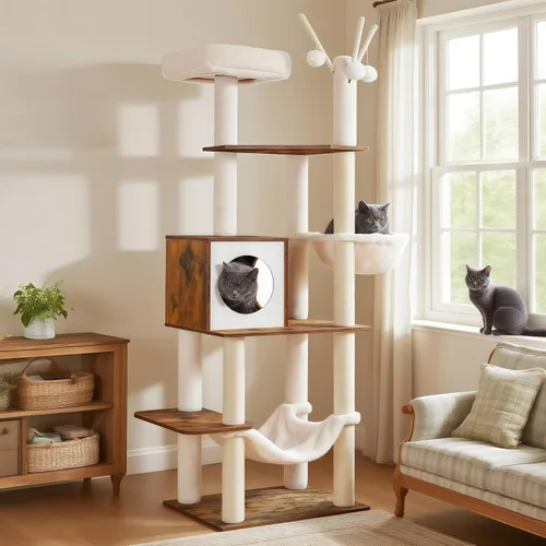 Hey-brother Árbol de madera para gatos, muebles para gatos de 66.1 pulgadas con postes rascadores, torre moderna para gatos con hamacas, juguetes,
