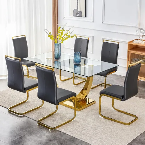 Miniatura 12 de Juego de mesa de comedor de cristal moderno para 4 personas con tapa rectangular de vidrio y 4 sillas de comedor negras de piel sintética, mesa