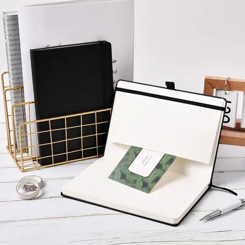Miniatura 7 de Cuaderno punteado, diario, 5.3 x 8.26 pulgadas, tapa dura, prémium, papel grueso, doble espiral, bandas, cuero negro sintético, lazo para bolígrafo