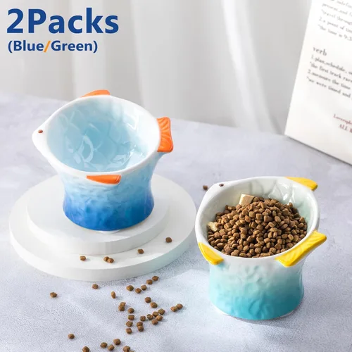 Miniatura 6 de Tioncy 2 cuencos elevados de cerámica inclinados para gatos con forma de pez, lindo plato elevado inclinado en ángulo poco profundo, comedero Verde