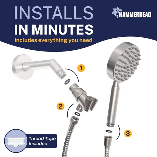 Miniatura 5 de HammerHead Showers® Cabezal de ducha de mano de metal sólido con manguera y soporte de latón, níquel cepillado, cabezales de ducha de alta presión