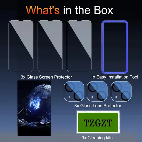 Miniatura 2 de TZGZT [True 9H+ Irrompible] Paquete de 3 para Protector de Pantalla iPhone 13 Película de Vidrio Templado, con Paquete de 3 Accesorios Protector