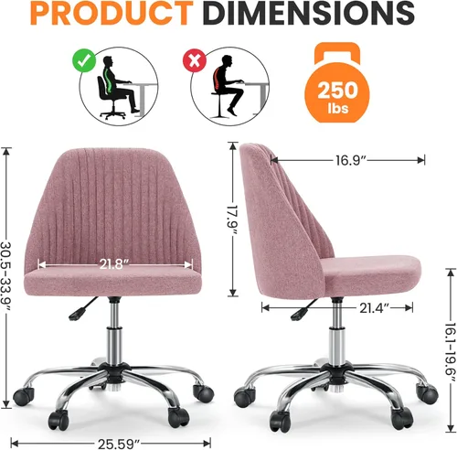 Miniatura 2 de Simple Deluxe Silla de escritorio de oficina sin brazos, moderna y bonita, silla giratoria cómoda, sillas de oficina en casa con ruedas, altura Rosa