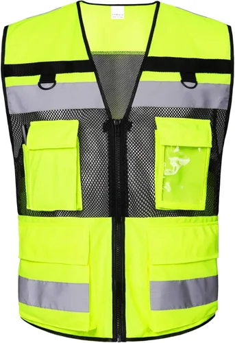 Chaleco de seguridad reflectante de alta visibilidad, clase 2, 10 bolsillos, transpirable y forro de malla, ropa de trabajo (M-2XL, amarillo negro)
