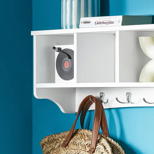 Miniatura 5 de Haotian - Estantería de pared blanca con ganchos para abrigos, perchero de pared para entrada, unidad de almacenamiento con 4 compartimentos y 5